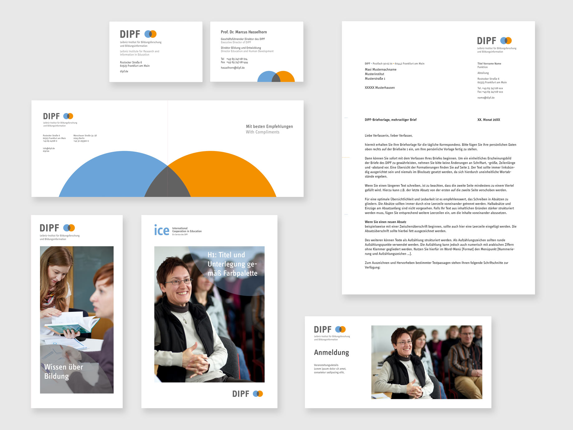 Beispiele von Anwendungen im Rahmen des Corporate Designs wie Briefbogen, Visitenkarten, Karten und Flyer.